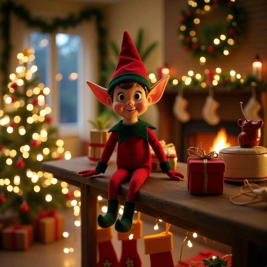 An elf character placed on a shelf in a cozy Christmas setting. The scene includes a decorated Christmas tree, warm lighting, and festive decorations around. The elf character has a friendly facial expression and colorful attire.