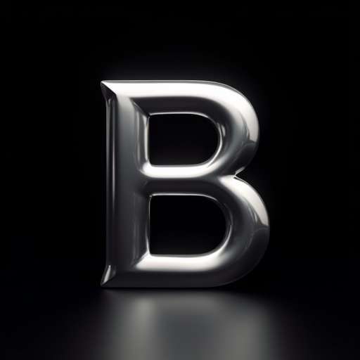 Chrome letter B on black background. No serifs are on the letter. Spotlights create a shiny effect.