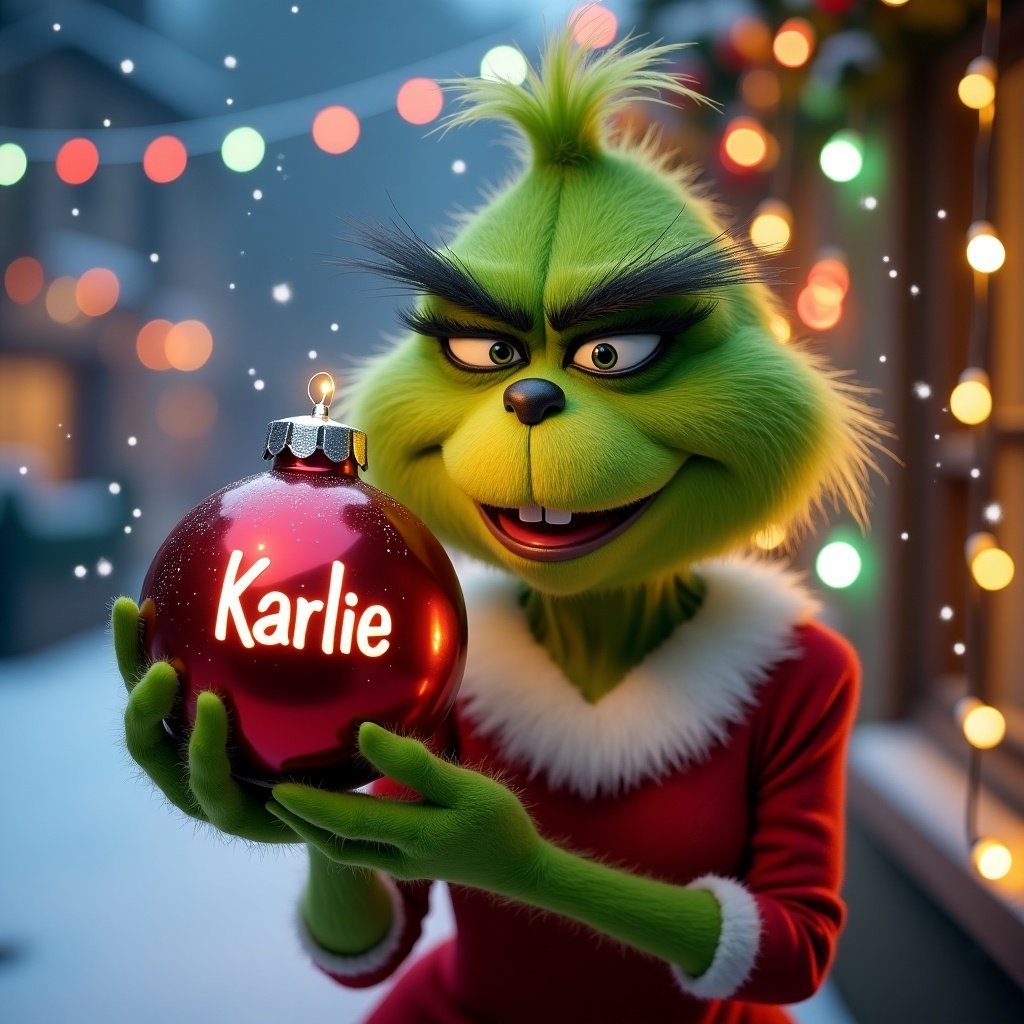 Grinch character holds Christmas bauble with name Karlie. Snowy setting with colorful lights.