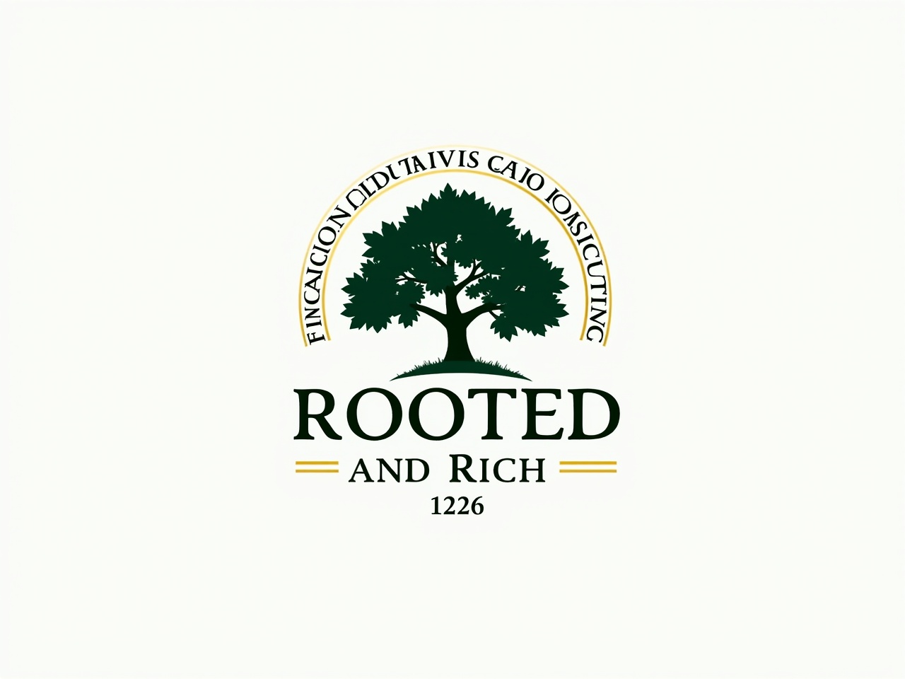 Update the logo design for 'Rooted and Rich' by altering the text around the border of the tree to include the tagline 'Financial Education and Consulting.' Ensure that the new text is evenly spaced and seamlessly integrated with the overall design. Below the word 'Rich,' incorporate the numbers '1226' in a clean, modern font that aligns with the existing style. Retain the current color palette of deep greens and golds, ensuring the logo maintains a polished and professional appearance. The visual balance of the logo should be preserved while introducing these new elements.