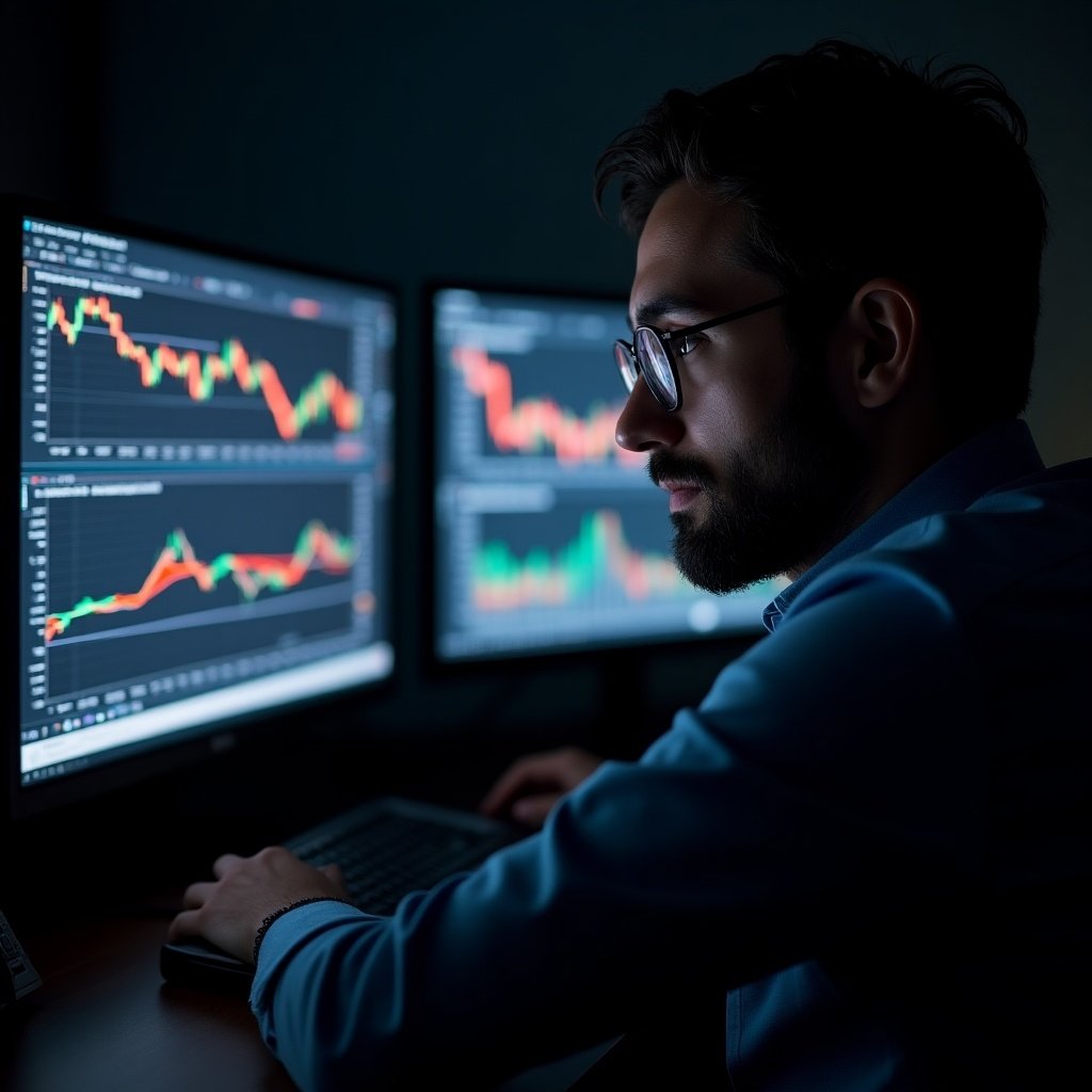 A focused individual intensely analyzing stock charts on dual monitors in a dimly lit room.