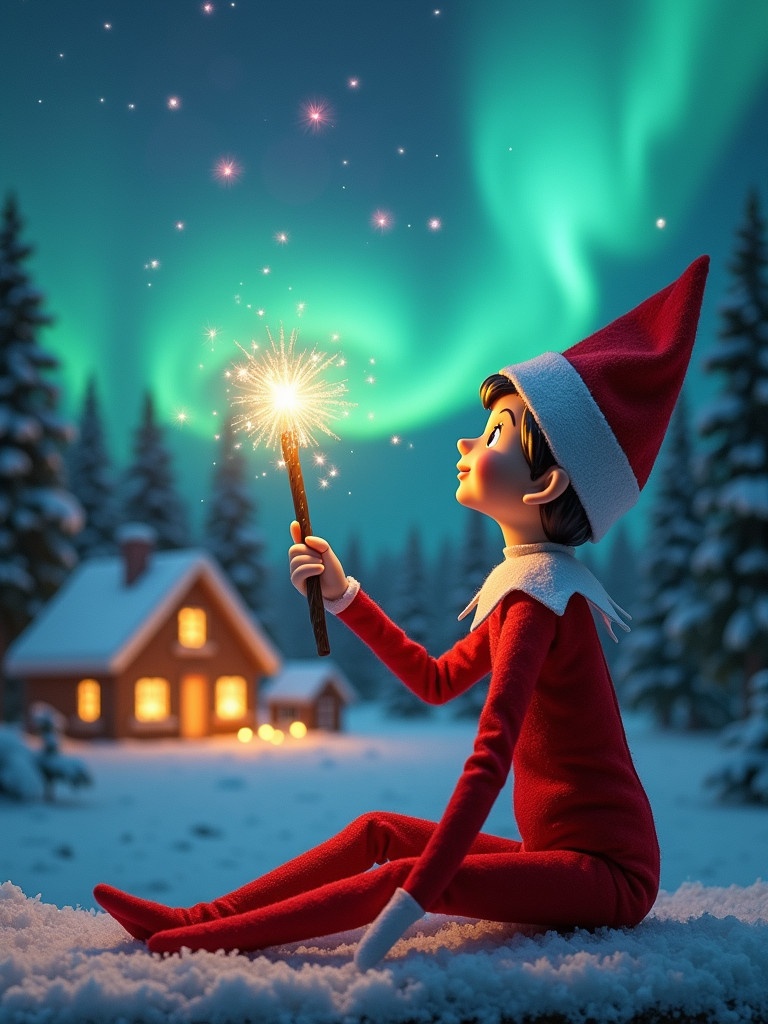 Elf on the shelf sitting in snow. Elf holds a glowing wand and looks at the northern lights. Cozy house is in the background. The elf represents Christmas magic. Names appear in the air from the wand.