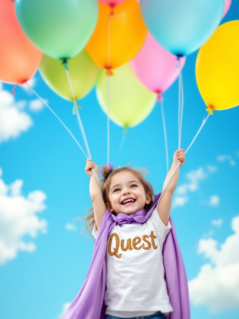 Image of a joyful girl gently elevated holding colorful balloons. She wears a flowing purple cape. A white shirt with the word 'Quest' in gold. Background features a bright blue sky with fluffy clouds.