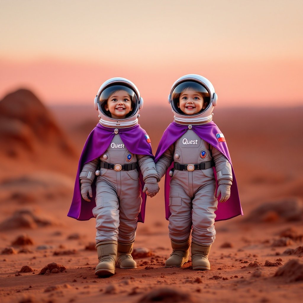 Two adventurous children dressed in astronaut suits explore Mars. They wear purple capes and hold hands. A Chilean flag is on their sleeves. The Martian terrain is red and rocky. The sky is pink. They express joy and wonder. Their footprints mark the surface. The horizon shows endless possibilities.