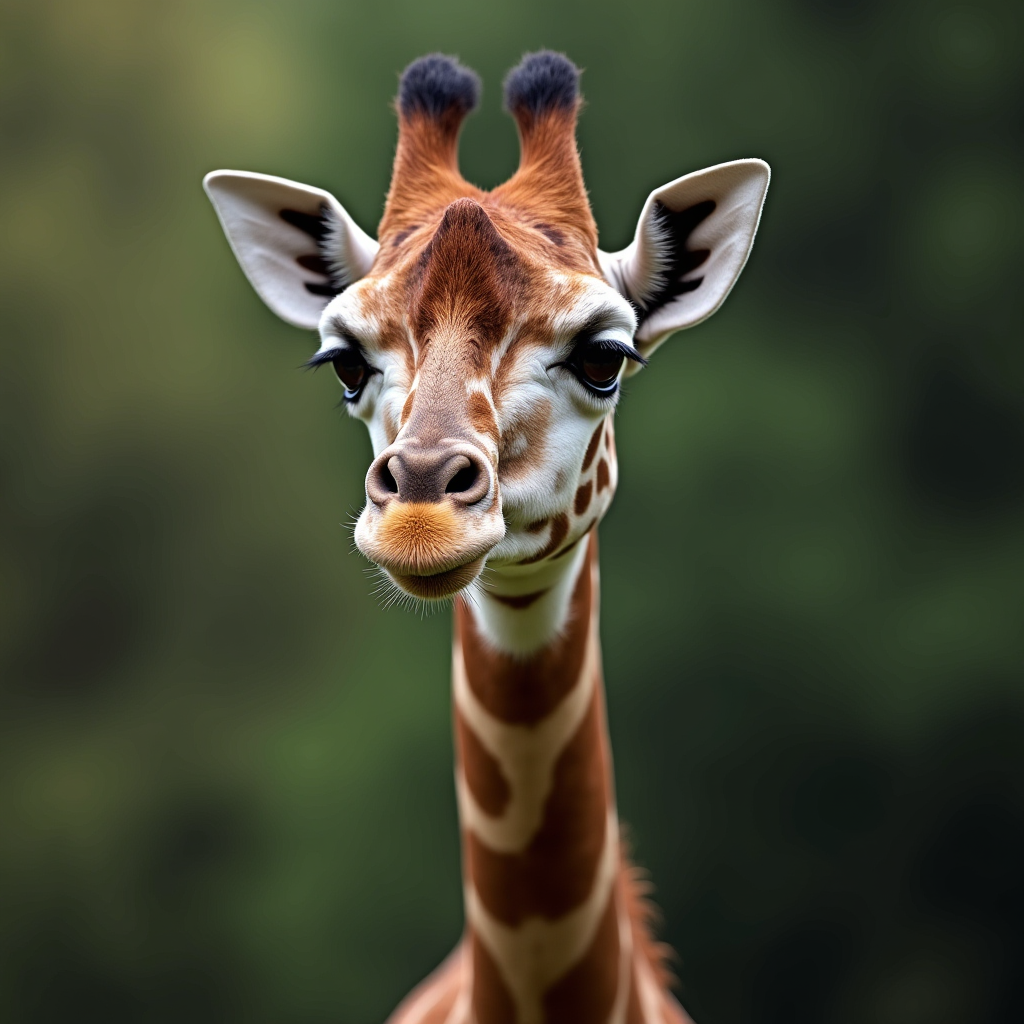 A close-up of a giraffe's face with a blurred natural background.