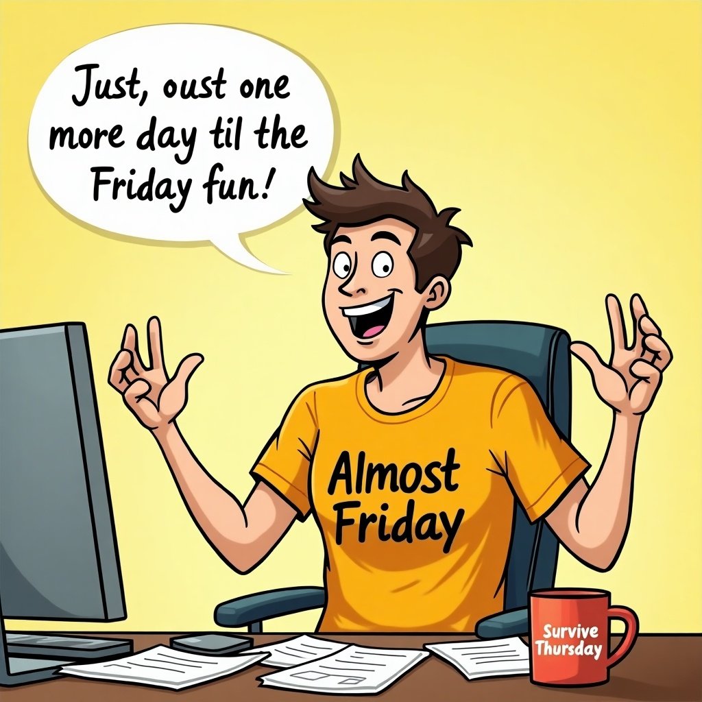 Cartoon character expresses excitement for Friday while sitting at a desk. Yellow background enhances cheerful mood. Character wears an orange shirt with 'Almost Friday' text. Coffee mug reads 'Survive Thursday'.