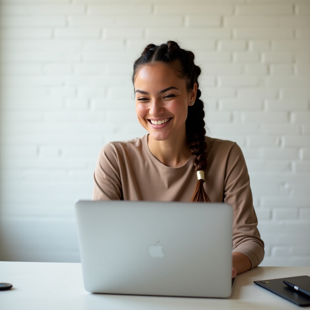 A smiling woman with braided hair is working intently on a laptop at a desk. The environment is bright with a light background, promoting a sense of calm and focus. The woman appears engaged and productive, showcasing a modern workspace. The soft lighting accentuates her joyful expression, making the scene inviting. This image captures the essence of remote working and the importance of a positive work atmosphere.