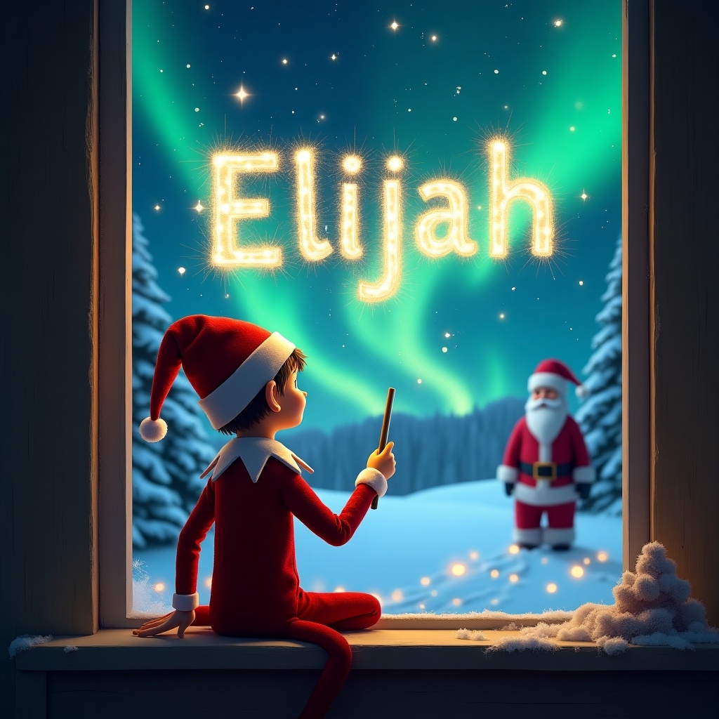 The image showcases an elf on the shelf seated by a window, facing away from the viewer. He wields a wand, crafting the name 'Elijah' in shimmering letters against the night sky. Outside, a picturesque winter landscape glows under the magical northern lights. In the background, Santa Claus stands, enhancing the festive vibes. This artwork beautifully embodies the Christmas spirit, combining enchanting elements of holiday traditions.