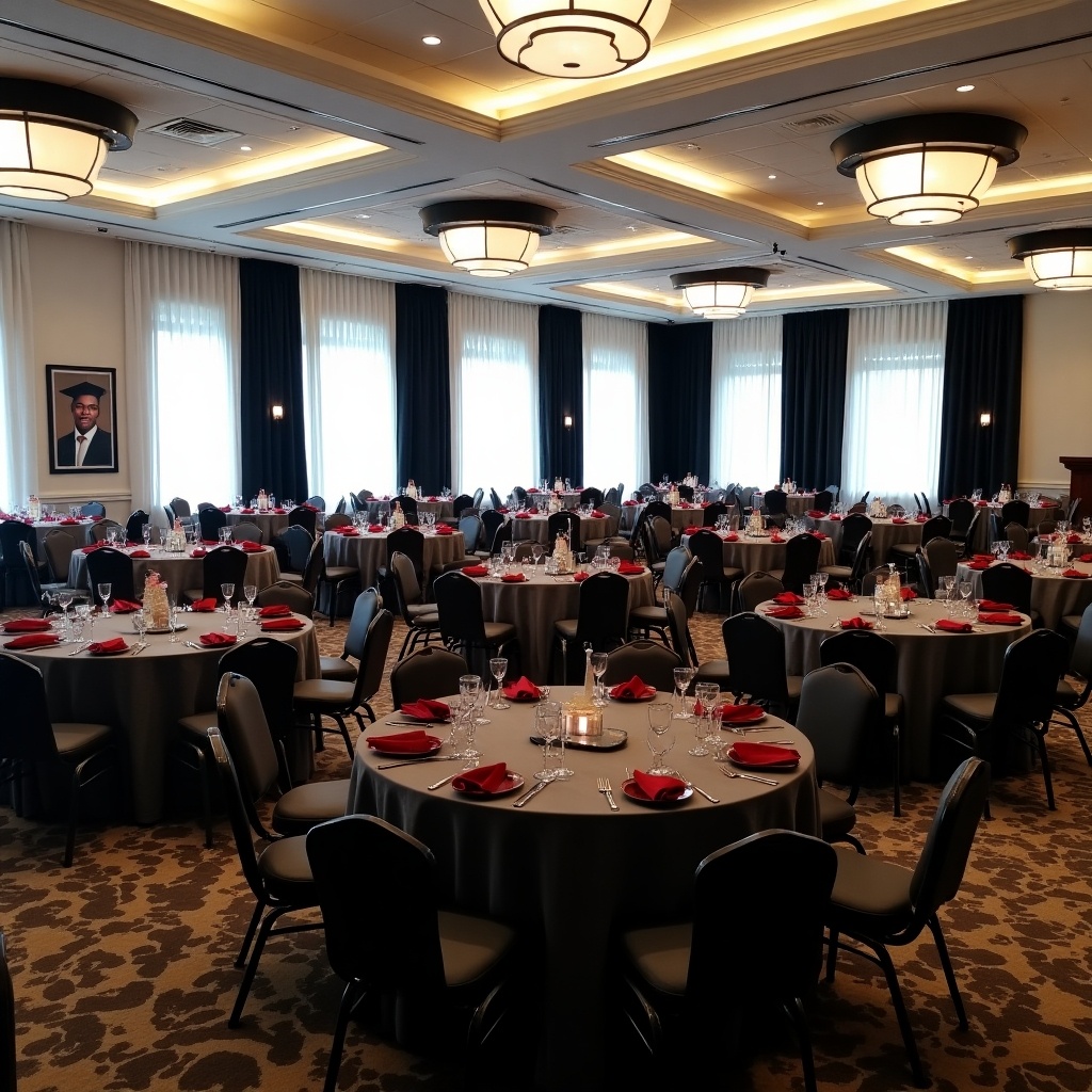 This image captures a sophisticated banquet room set up for a large gathering. It features 90 round tables, each elegantly draped with charcoal grey linens and adorned with striking red napkins. The room is decorated with floor-to-ceiling black and white photos showcasing African American graduates, enhancing the theme of celebration and achievement. Warm lighting from stylish fixtures adds an inviting ambiance. Black and white drapes frame the windows, contributing to the classic elegance of the venue.