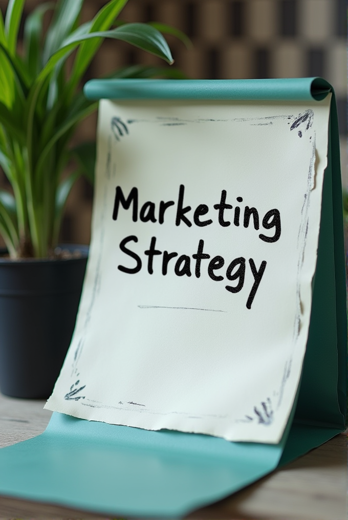 A paper note with 'Marketing Strategy' written on it is elegantly displayed on a stand next to a lush potted plant.