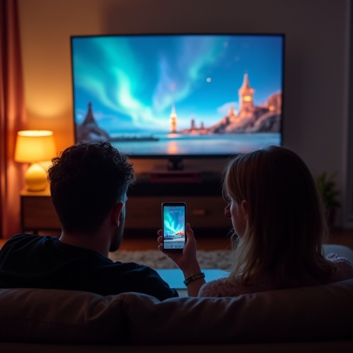 Couple sitting on a couch watching TV. One partner is focused on smartphone. The room has a cozy atmosphere. The TV displays the northern lights. Soothing colors illuminate the space.