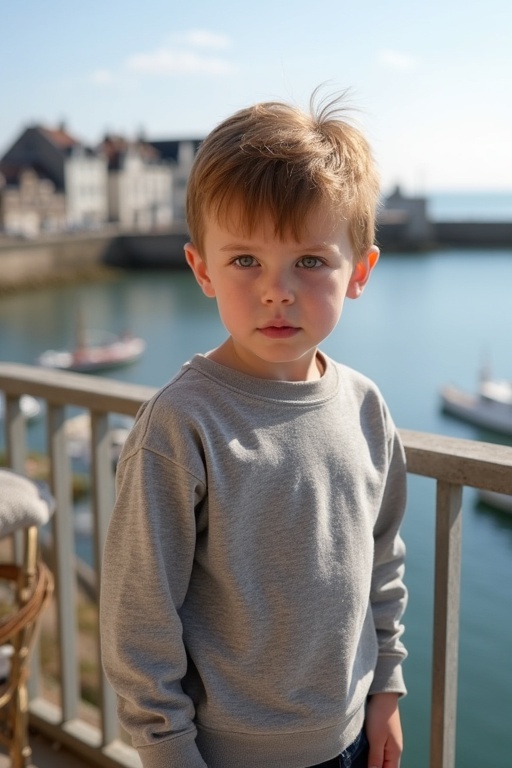 A young boy wearing a sweatshirt stands on a balcony overlooking the harbor. He has short light brown hair. He looks shy but sweet. The background shows a sunny harbor in Normandy. The scene feels peaceful and quiet.