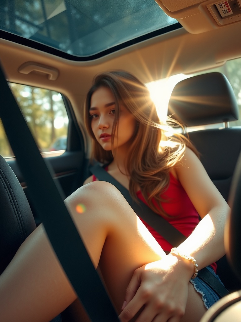 The image captures a young woman sitting in the back seat of a car with a serene expression. Natural sunlight streams through the sunroof, casting a warm glow over the scene and highlighting her subtly wind-blown hair. The play of light creates a calming yet dynamic atmosphere inside the vehicle.