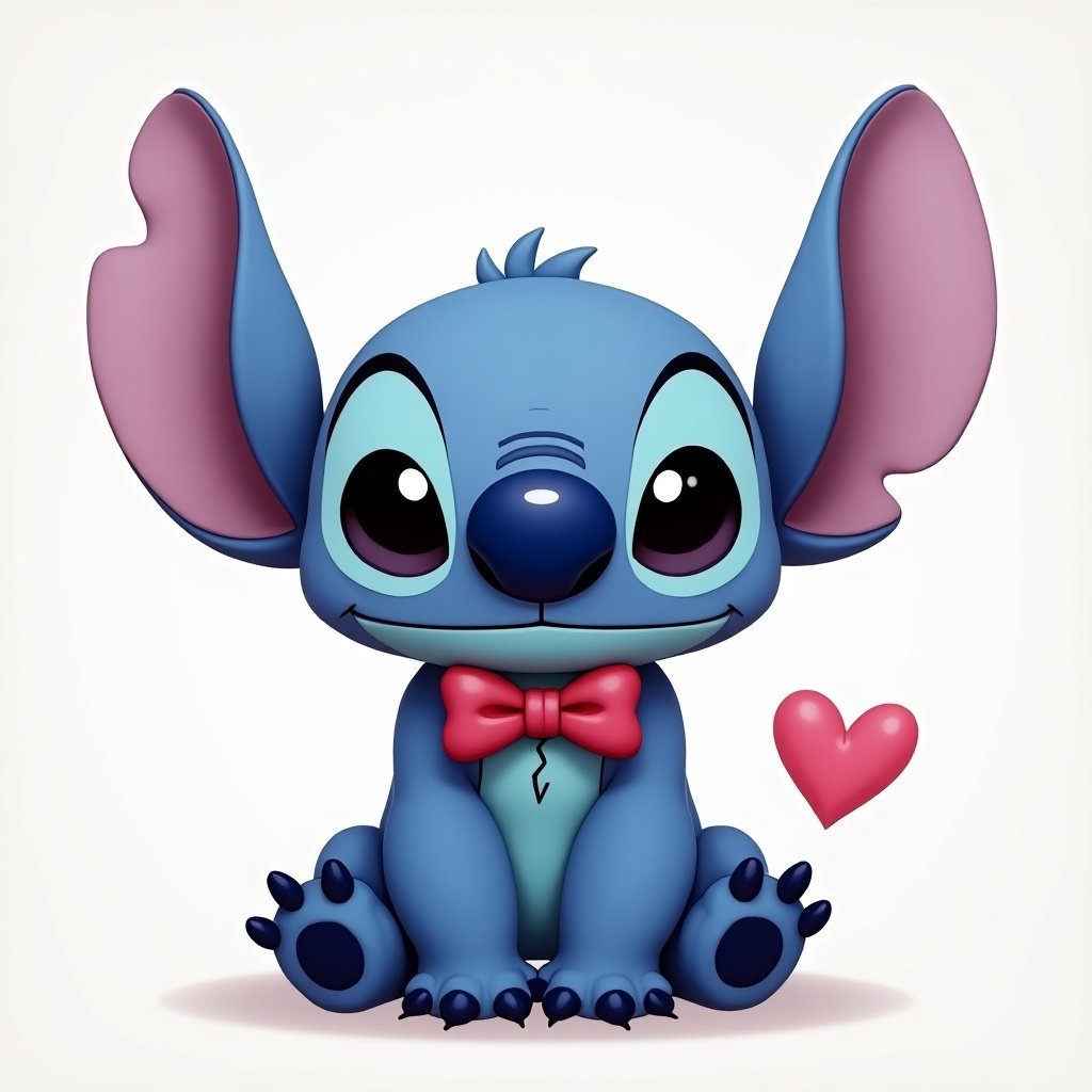 Cute character resembling Stitch from Disney. Character is blue with large ears. Bow tie is red. Heart symbol included.