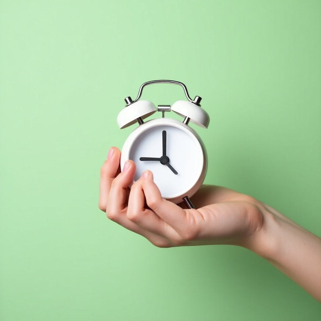 Hand holding classic white alarm clock. Soft green background.