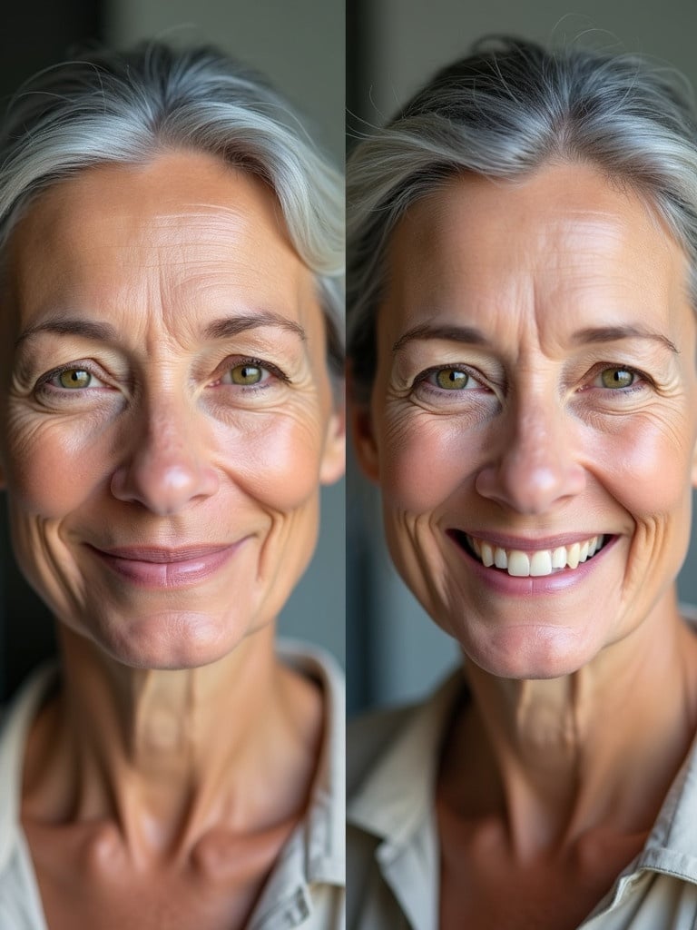 Aging transformation of a mature woman. First image with a neutral expression and visible wrinkles. Second image with a smile and noticeably fewer wrinkles. Focus on the effects of skincare or treatments.