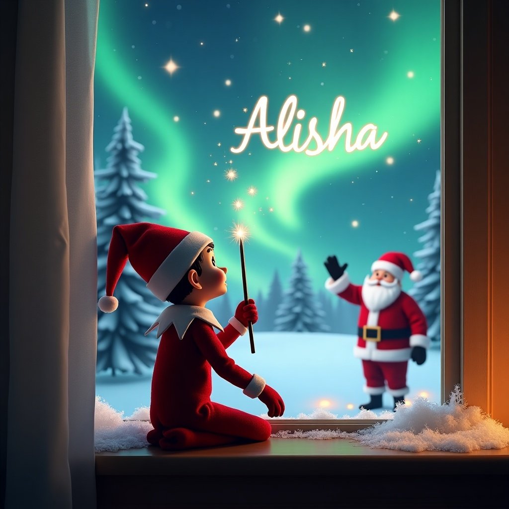 An elf sits with back facing us. Elf gazes at the sky. Elf holds a wand and writes 'Alisha.' The background shows a Christmas landscape. Northern lights glow in the sky. Santa Claus waves cheerfully in the distance. Scene is cozy and festive. Snow adorns the window sill. Image captures Christmas magic and childhood imagination.