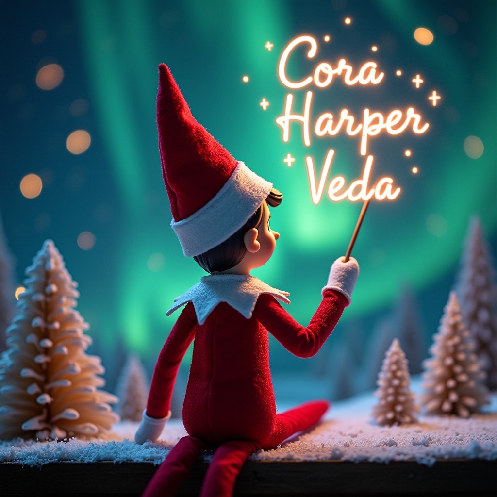 An enchanting Christmas scene featuring an elf on the shelf, who is facing the sky with his back to the viewer. The elf, dressed in red and white, wields a magic wand, writing 'Cora', 'Harper', and 'Veda' in a glowing script above him. The backdrop is adorned with vibrant northern lights, adding a magical ambiance. The scene is festive, portraying the spirit of Christmas with a whimsical twist. The elf's position and action create a sense of wonder and excitement that captures the joy of the holiday season.