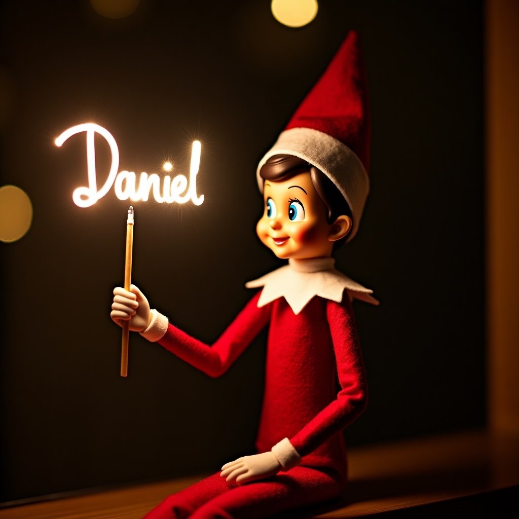 Image features a festive elf on the shelf character dressed in red and white. The elf holds a glowing stick writing the name 'Daniel'. The background is dark, highlighting the glow. The scene captures the magic of Christmas. The atmosphere is warm and inviting.