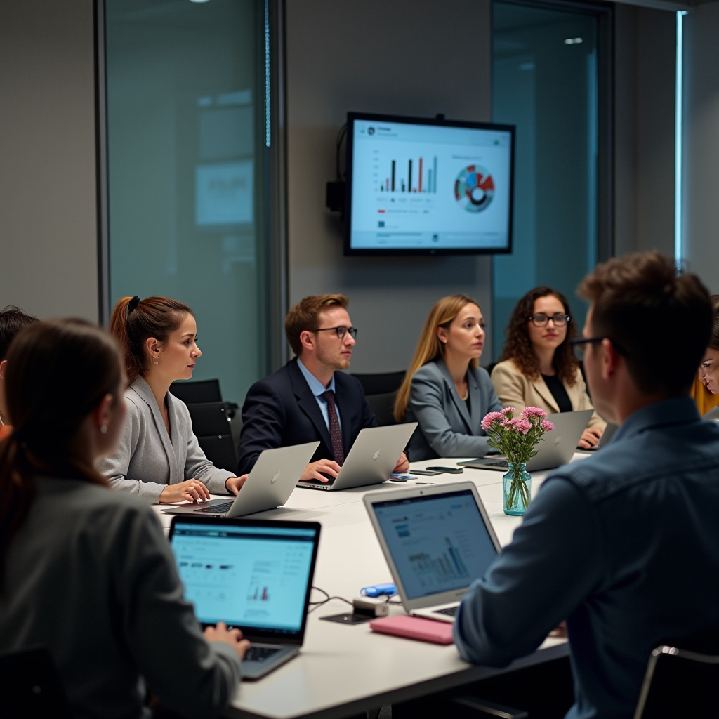 The image depicts a modern office setting where a diverse group of professionals is engaged in a meeting. They are seated around a rectangular table, each with a laptop in front of them. Their expressions show concentration and engagement, suggesting a discussion or presentation is taking place. A screen on the wall displays graphs and charts, adding to the business atmosphere. A small vase with flowers is placed on the table, adding a touch of color and life to the room. The environment is contemporary, with glass walls and sleek furniture, indicating a corporate setting.