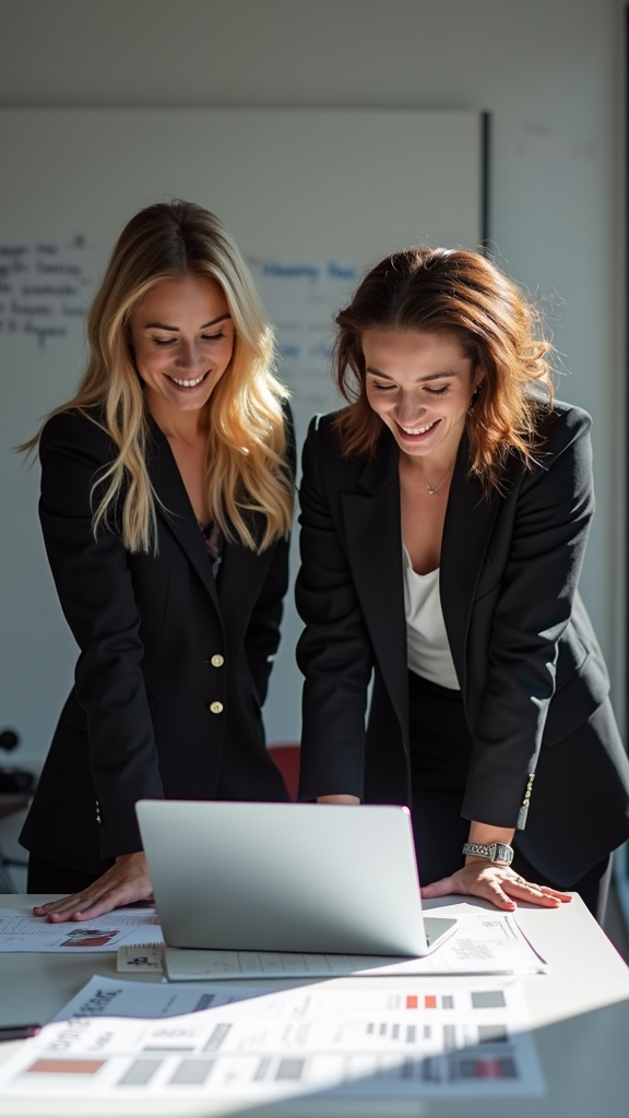 Two professionals in an office leaning over a laptop, reviewing documents with confident smiles.