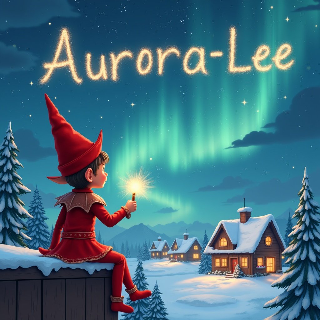 Elf on a wooden ledge gazes at magical sky. Red outfit with pointed hat. Holds sparkling wand. Writes 'Aurora-Lee' in starry sky. Background has snowy landscape, charming houses, evergreen trees, and shimmering Northern Lights. Whimsical scene captures childhood magic and Christmas cheer.