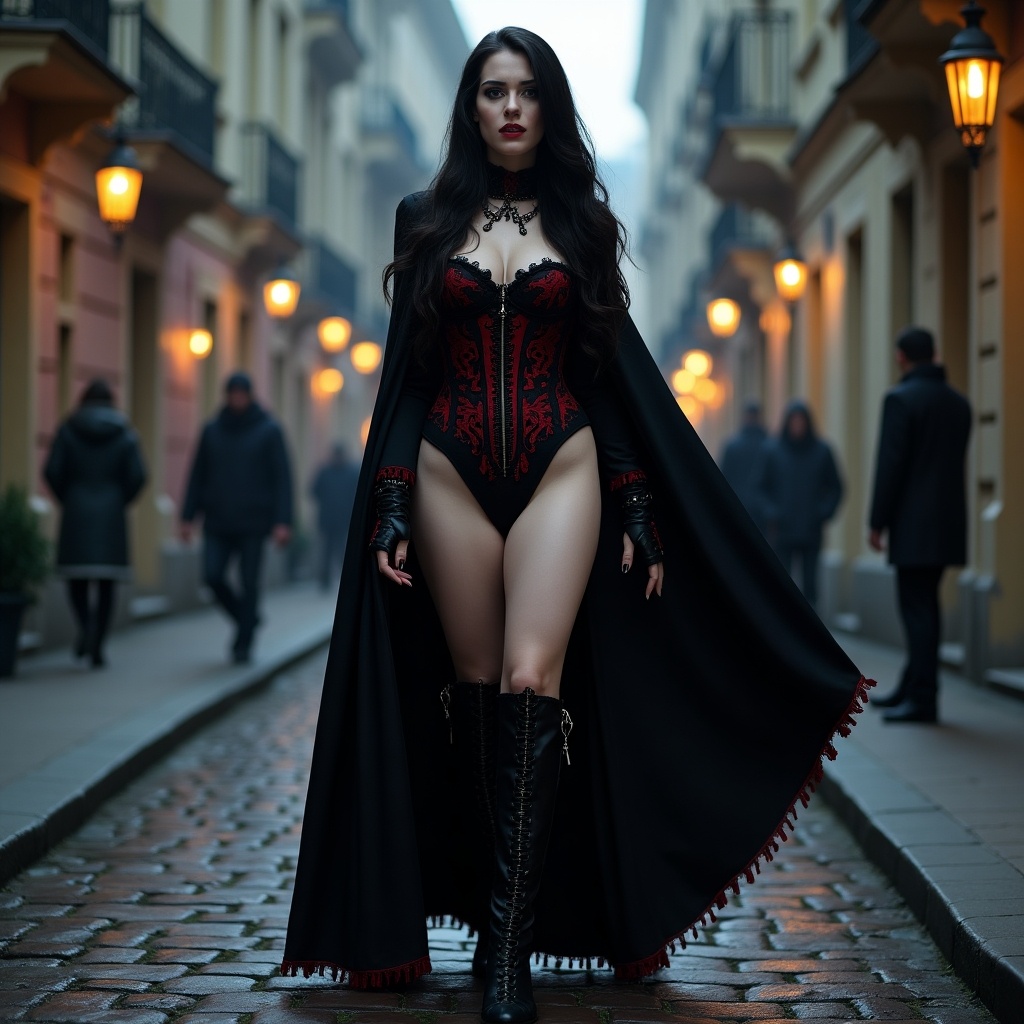 Full-length portrait of a young Romanian vampire woman standing in the moonlit streets. She has porcelain skin that glows under the moonlight. Her black hair has crimson highlights. Her red eyes with gold flecks pierce through the darkness. Swirling crimson energy surrounds her. She wears a black corset with red embroidery and a flowing cloak. Her gloves have metallic tips and she wears knee-high black boots. The background shows historic Bucharest streets.