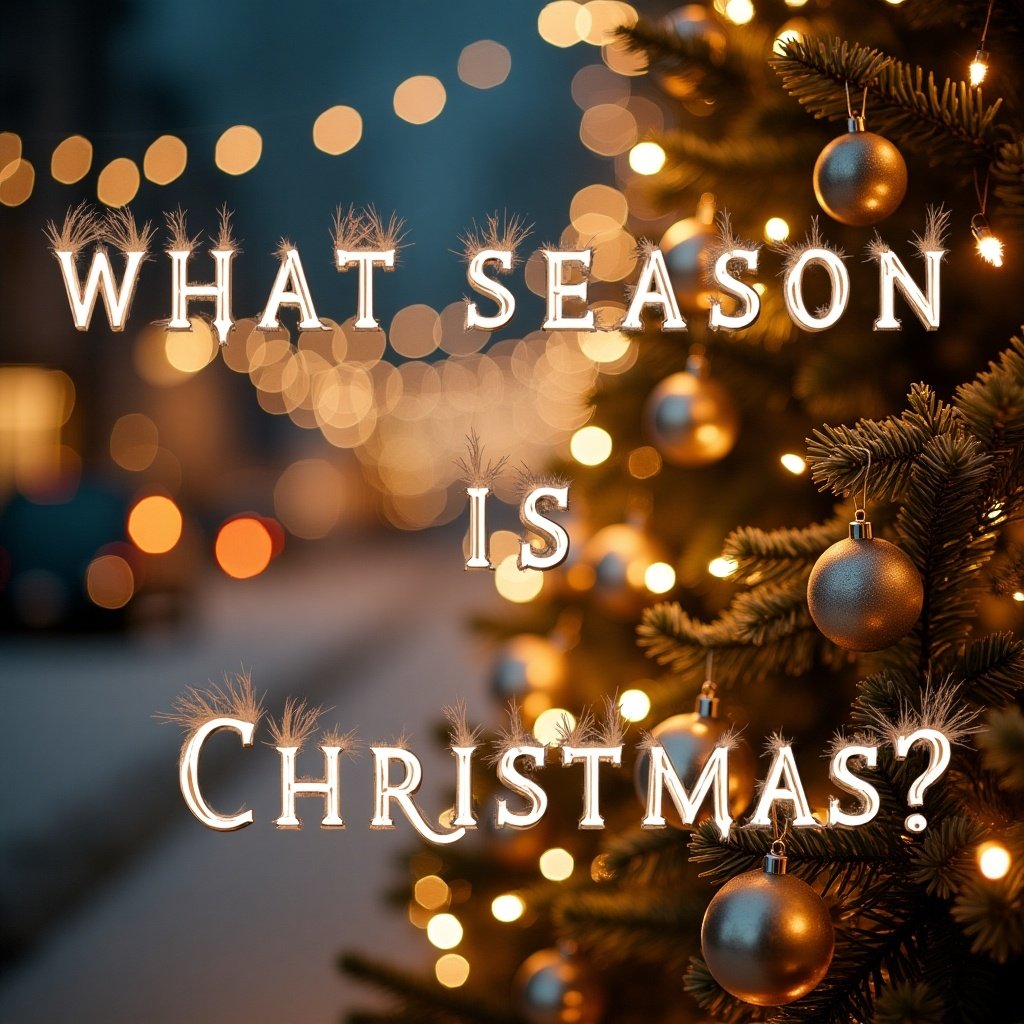 Festive text title asking about Christmas season in a warm, inviting setting near a beautifully decorated Christmas tree.