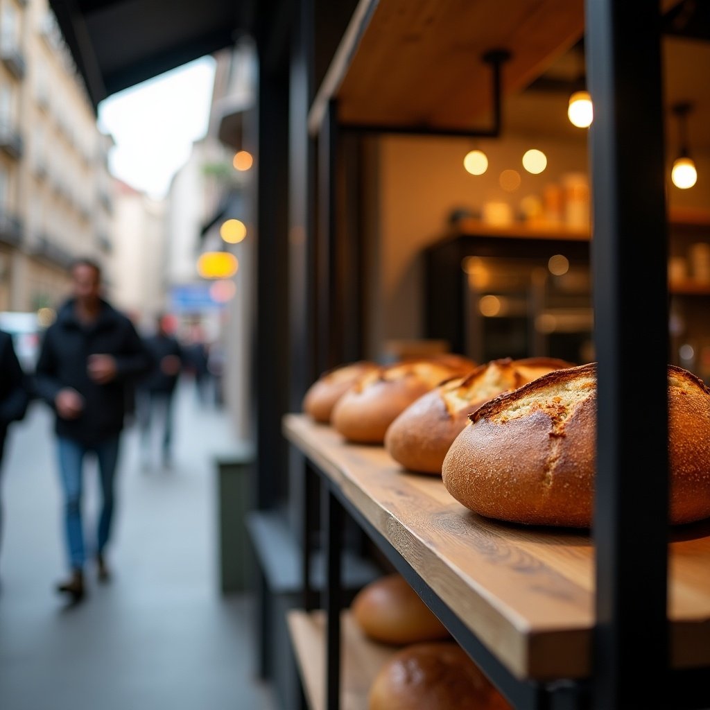 A street view of a coffee shop featuring freshly baked bread displayed on a wooden shelf. The shop has warm lighting creating a cozy atmosphere. People are walking by in the background.