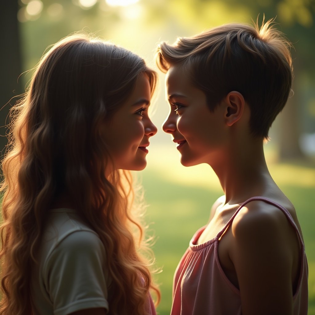 Two girls looking into each other's eyes in a natural setting with soft lighting and warmth. Focus on their expressions and connection.