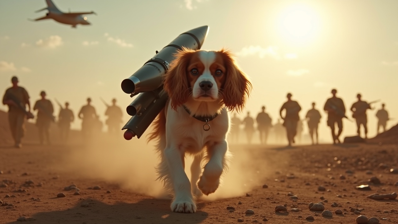 In a dramatic and awe-inspiring scene, a brown and white Cavalier King Charles Spaniel walks across a desolate battlefield. A large missile launcher is strapped to its back, showcasing a stark contrast between the innocence of the dog and the seriousness of warfare. In the background, many small soldiers, holding rifles, are barely visible among the shadows, adding to the intensity of the setting. The sky is lit by the bright radiance of the sun, creating a powerful atmosphere. A jet fighter passes overhead, enhancing the military theme of the image.