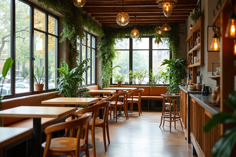 The interior of a charming café with large windows and natural light. The room has lush greenery and decorative accents. Wooden tables and chairs create a modern look. Perfect for relaxation or casual meetings.