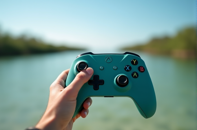 A person holds a blue video game controller against a serene background of water and trees.