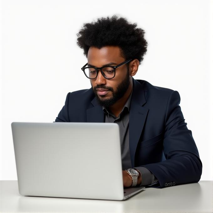 A man in a dark suit and glasses concentrates intently on a laptop in a bright, minimalist setting.