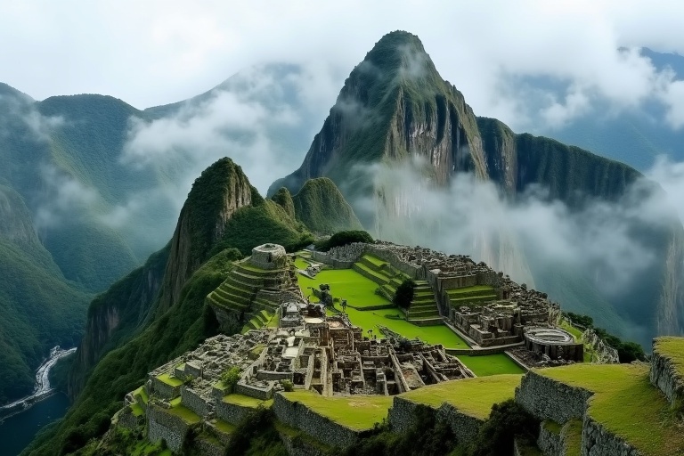 Landscape shot of ancient stone city atop misty mountain with moss-covered ruins and stepped terraces surrounded by lush jungle. Evokes lost civilization like Incas with a mystical atmosphere.