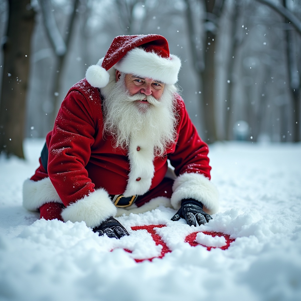 Santa Claus in red suit with white trim writes Jo in snow. Soft falling snow creates a winter atmosphere. Trees in background are bare and frosty.