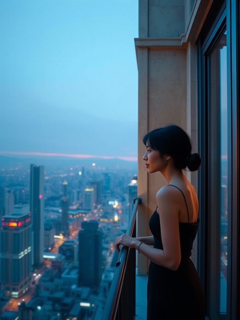 A woman dressed in a black outfit gazes thoughtfully over a bustling cityscape from a high vantage point. The scene captures the deepening blues of dusk, as city lights begin to twinkle below, creating a sharp contrast with the last hues of a sunset along the horizon. The image conveys a sense of contemplation and connection with the urban environment.