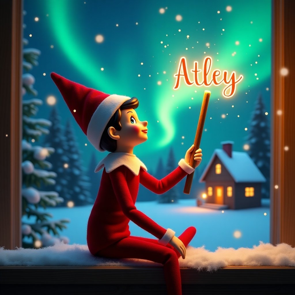 An elf on the shelf sits with its back to the viewer. The elf gazes skyward while holding a glowing wand. A charming Christmas scene with colorful northern lights is shown. A cozy house is visible in the distance. Snow is present on the ground. The elf embodies magic and wonder of Christmas. The name Atley appears in the air from the wand.