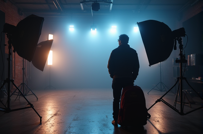 A person stands silhouetted in a moody, dimly lit studio with professional lighting equipment illuminating a foggy background.