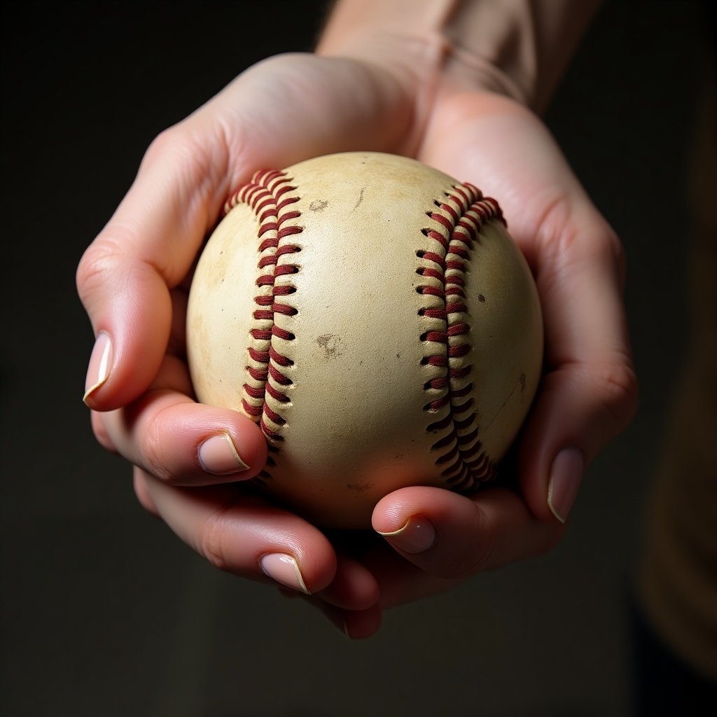 A manicured hand grips a worn baseball in preparation for a pitch.