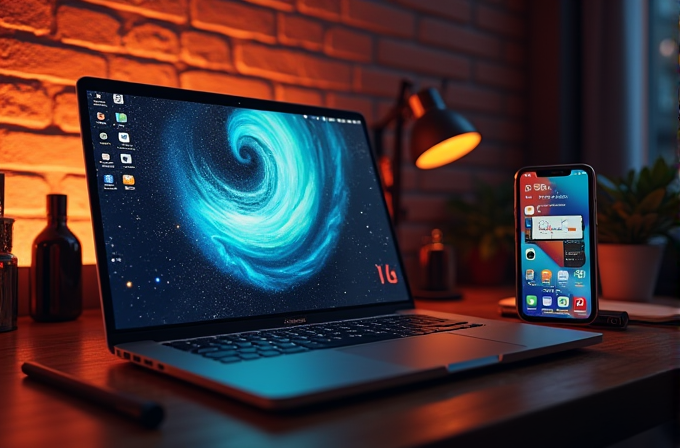 A laptop with a swirling blue galaxy wallpaper is next to a smartphone on a desk with warm lighting and a brick wall background.