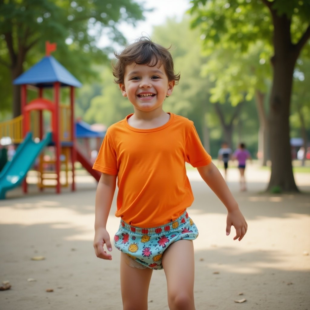 Seven year old boy wearing a colorful diaper and bright t-shirt. He's running in a playground with slides and playsets. The background is filled with green trees and natural light. The boy looks joyful and playful.