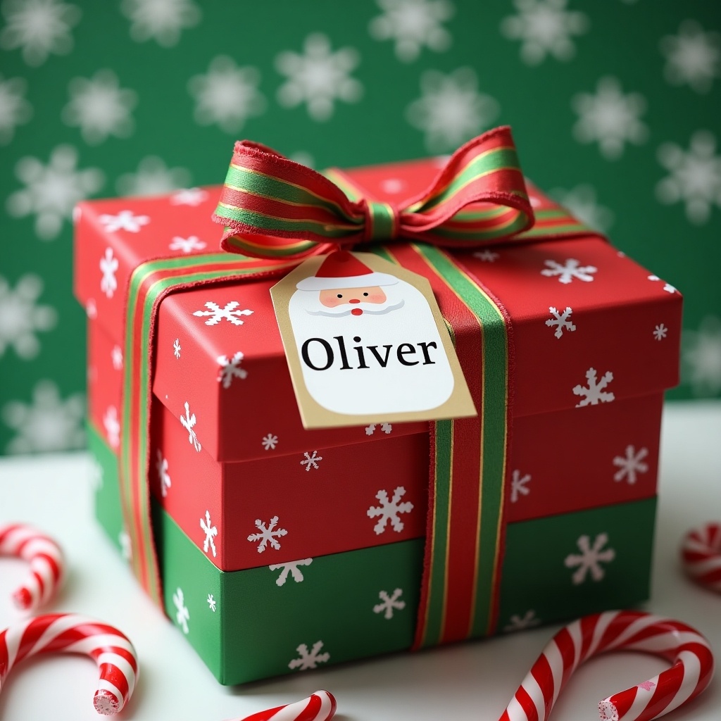 This image features a beautifully wrapped Christmas present, adorned with a festive red and green color scheme. The gift has a white tag where the name 'Oliver' is written, adding a personal touch. Delicate snowflake designs accent the wrapping, creating a wintery feel. Surrounding the gift are peppermint candy canes, enhancing the holiday spirit. The background is a green pattern with white snowflakes, ideal for a festive ambiance. This charming setup is perfect for holiday promotions and celebrations.