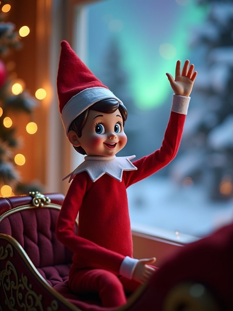 Elf is waving farewell before departing to North Pole. Elf wears a red outfit with white details. Soft warm lighting accentuates cozy indoor scene. Festive decorations are visible through the window. Joyful boy elf waves cheerfully. He is in a festive red outfit with a Santa hat. Background features magical winter scene with snow-covered trees and vibrant northern lights. Elf's expression is welcoming and creates a warm atmosphere. He is on Santa's sleigh.