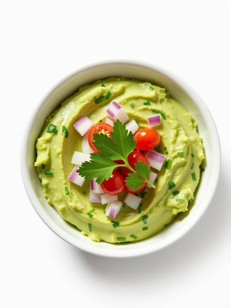 Creamy dip made from ripe avocados. Topped with lime juice, diced onions, cherry tomatoes, and fresh cilantro. Served in a small white bowl. Contrast with a white background.