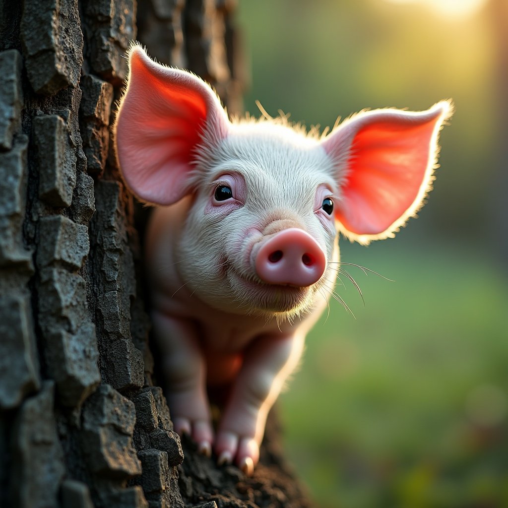 Close-up of a pig with pink ears peering out from behind a tree trunk. The background features a blurred natural setting with soft lighting.