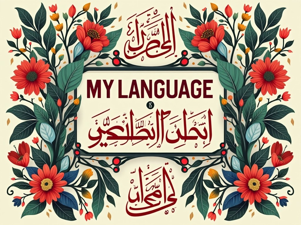 Create an artistic piece titled 'My Language is my Pride and Honor'. The artwork should showcase the beauty and importance of the Arabic language. Incorporate floral designs that represent the richness of the culture. Include Arabic calligraphy with uplifting phrases about the significance of language. Use vibrant colors to enhance the visual appeal and convey a sense of celebration. The overall design should evoke feelings of pride and appreciation for the Arabic language.