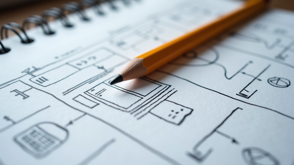 A notebook with sketches of website wireframes and a pencil on top.