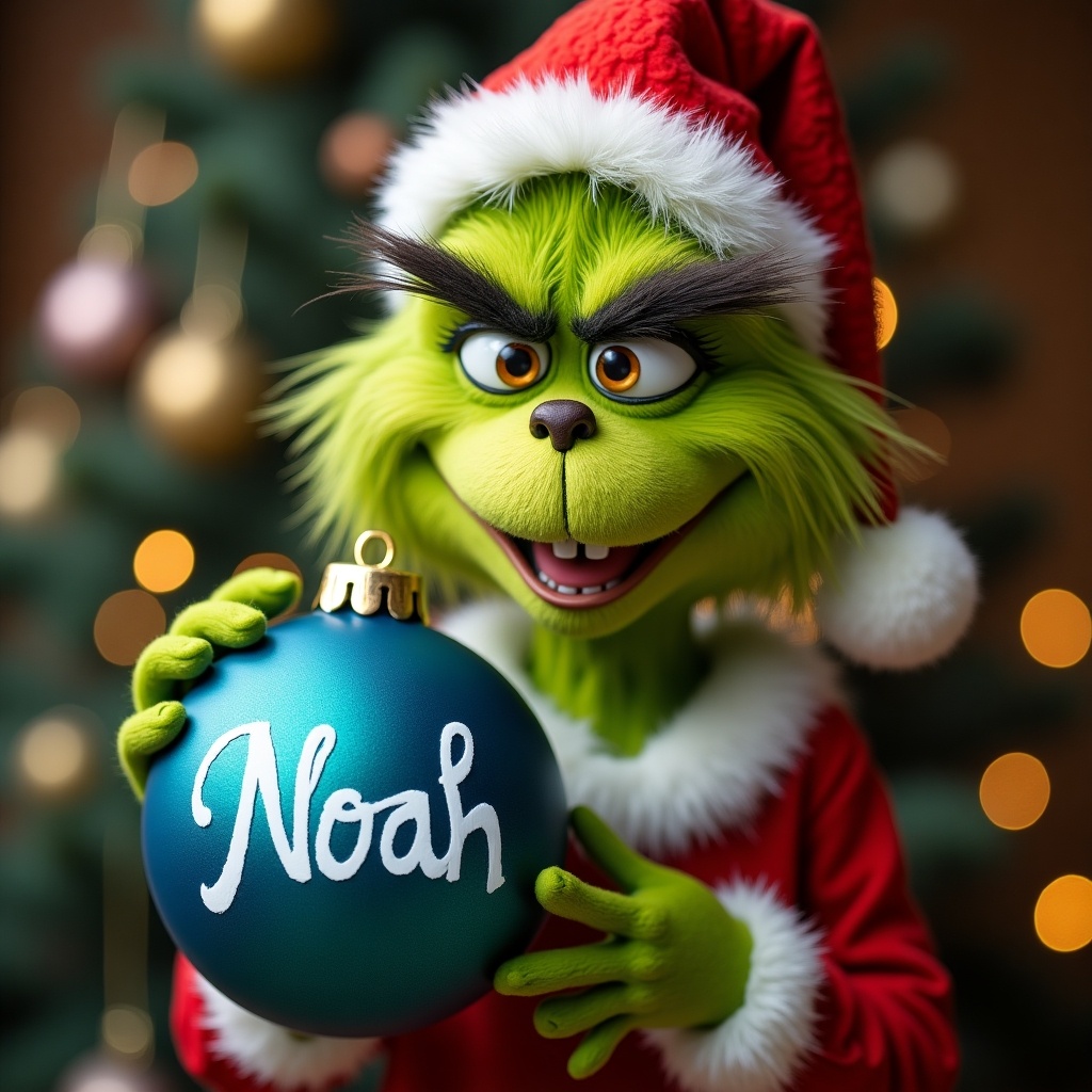 Grinch character in a red Santa outfit holds a blue Christmas ornament. Ornament has the name Noah on it. Soft focus background with Christmas tree lights. Cheerful atmosphere.