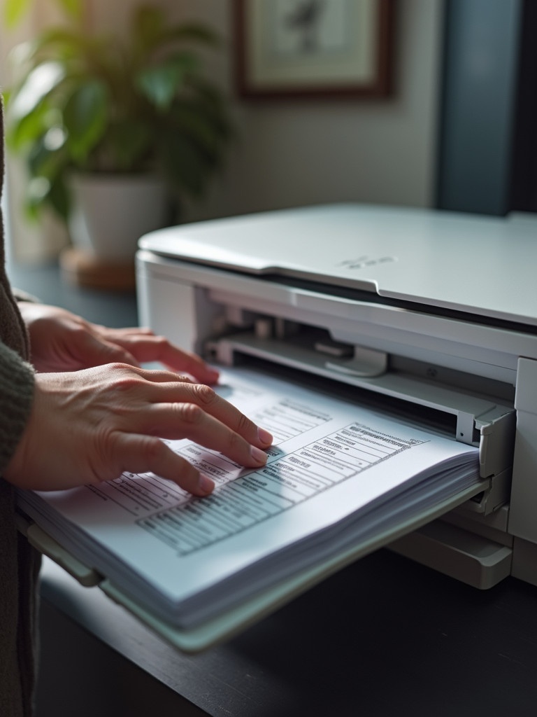 Hands place a stack of documents into a white printer. A green plant is visible in the background. The scene appears warm and inviting. Focus is on the printing process and user interaction.